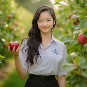 Character Description
A captivating Thai woman age around 17 years old , wearing a high school thai student uniform, standing with a serene expression. Her long, wavy hair adds elegance to the scene. She holds a red apple in one hand.
Scene Setting She is standing in the middle of an apple orchard. The sunlight filters gently through the trees, casting soft shadows on her skin and the surrounding apples. Foreground Elements The foreground features blurry apple leaves, creating a natural frame for the subject. Lighting and Atmosphere The sunlight creates warm, dappled light across her and the apples, enhancing the beauty of the natural setting. The overall scene has a calm and harmonious feel, blending nature with femininity,Asian,Thai high school uniform,white short sleeve shirt,black pleated skirt 