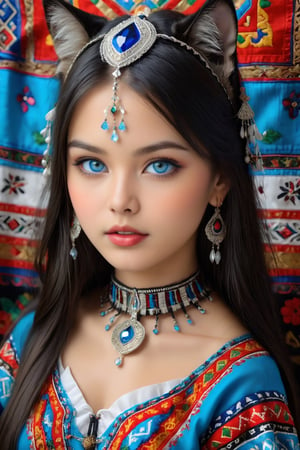 Super detailed, super realistic, beastly, cat face girl,
She wears old folk costume, long straight black hair, Yakuts folk costume of Siberian minority, beautiful crystal blue eyes, almond eyes, intricate textile decorated with colorful and intricate geometric patterns, arm ornamentation, decorative embroidery.
Beautiful crystal blue eyes, almond eyes, intricate fabrics decorated with colorful and intricate geometric patterns, arm decorations, decorative embroidery, catsuits, clothes in earth colors such as black, red and green,,aw0k euphoric style, ,perfect likeness of TaisaSDXL