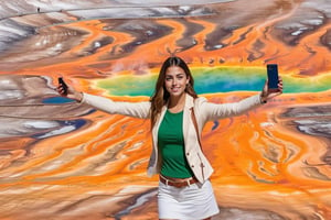 ((Hyper-Realistic)) upperbody portrait of a beautiful brazilian 1girl taking a selfie in Grand Prismatic Spring of Yellowstone,20yo,detailed exquisite face,detailed soft skin,hourglass figure,perfect female form,model body,looking at viewer,playful smirks,(perfect hands:1.2),(elegant white jacket,green shirt and pink skirt)
BREAK
detailed photography of Grand Prismatic Spring \(grandpr1smat1c\) in Yellowstone, diameter of 90m,vivid color for Spring,largest hot spring in United States,deep blue color in the center of the pool,many people on road on top of the scene,orange mane-like soil around the pool,brown and white soil color,smoke from spring,brown and white color soil,1 spring,(girl focus:1.3)
BREAK
aesthetic,rule of thirds,depth of perspective,perfect composition,studio photo,trending on artstation,cinematic lighting,(Hyper-realistic photography,masterpiece, photorealistic,ultra-detailed,intricate details,16K,sharp focus,high contrast,kodachrome 800,HDR:1.2),photo_b00ster,ani_booster,ye11owst0ne,grandpr1smat1c