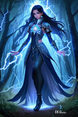 a beautiful girl stands in dark forest. She uses the magic ring and turns into the ultimate form of a lightning magic \(ek_ge1tng\) sorceress,lightning elemental effect,lightning weapon,ek_game_3ffect,ek_real_b00ster