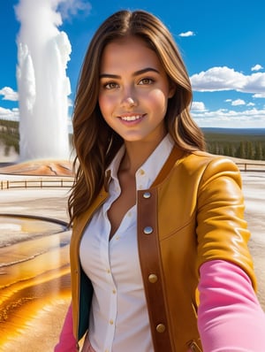 ((Hyper-Realistic)) upperbody photo of a beautiful brazilian 1girl taking a selfie in Old Faithful in Yellowstone,20yo,detailed exquisite face,detailed soft skin,hourglass figure,perfect female form,model body,looking at viewer,playful smirks,(perfect hands:1.2),(elegant yellow jacket,white shirt and pink skirt),(girl focus)
BREAK
((Hyper-Realistic)) detailed photography of Old Faithful \(oldfa1thfu1\) in Yellowstone,outdoors,sky, day,tree,scenery,realistic,photo background,mostly white soil with some brown),(1girl focus)
BREAK
aesthetic,rule of thirds,depth of perspective,perfect composition,studio photo,trending on artstation,cinematic lighting,(Hyper-realistic photography,masterpiece, photorealistic,ultra-detailed,intricate details,16K,sharp focus,high contrast,kodachrome 800,HDR:1.2),photo_b00ster,real_booster,ye11owst0ne,(oldfa1thfu1:1.2),more detail XL,H effect
