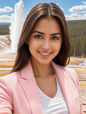((Hyper-Realistic)) upperbody photo of a beautiful brazilian 1girl taking a selfie in Old Faithful in Yellowstone,20yo,detailed exquisite face,detailed soft skin,hourglass figure,perfect female form,model body,looking at viewer,playful smirks,(perfect hands:1.2),(elegant yellow jacket,white shirt and pink skirt),(girl focus)
BREAK
((Hyper-Realistic)) detailed photography of Old Faithful \(oldfa1thfu1\) in Yellowstone,outdoors,sky, day,tree,scenery,realistic,photo background,mostly white soil with some brown),(1girl focus)
BREAK
aesthetic,rule of thirds,depth of perspective,perfect composition,studio photo,trending on artstation,cinematic lighting,(Hyper-realistic photography,masterpiece, photorealistic,ultra-detailed,intricate details,16K,sharp focus,high contrast,kodachrome 800,HDR:1.2),photo_b00ster,real_booster,ye11owst0ne,(oldfa1thfu1:1.2),more detail XL,H effect,ani_booster