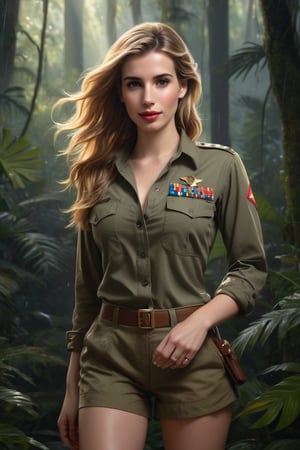 Emma Roberts is portrayed gracefully in a vibrant scene in the Amazonian Rain Forest standing under the starlit night sky. She is dressed in a Long-Sleeved Khaki Green Army Uniform Shirt which is fully unbuttoned, Khaki Green Cargo Shorts, showcasing her luscious, sweat-laden 36A bosom. and her long, athletic legs. She exudes confidence and charm, with her long, flowing hair catching the shimmering moonlight as it cascades down her shoulders. Her piercing eyes reflect a calculated intelligence while her lips curve into a subtle yet mischievous smile. Her athletic figure is radiant, displaying a sun-kissed glow that highlights her toned muscles and long, slender legs. Her attire accentuates her large, impressive bosom, adding to her allure and commanding presence in the scene. The digital painting is intricately detailed and elegantly executed, capturing every nuance of her beauty with a focus on realism. This artwork, inspired by the talents of renowned artists such as wlop, charlie bowater, and alexandra fomina,promises to be a masterpiece on ArtStation, combining sophistication and artistry in a visually captivating illustration.