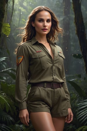 Natalie Portman is portrayed gracefully in a vibrant scene in the Amazonian Rain Forest standing under the starlit night sky. She is dressed in a Long-Sleeved Khaki Green Army Uniform Shirt which is fully unbuttoned, Khaki Green Cargo Shorts, showcasing her luscious, sweat-laden 38B bosom. and her long, athletic legs. She exudes confidence and charm, with her long, flowing hair catching the shimmering moonlight as it cascades down her shoulders. Her piercing eyes reflect a calculated intelligence while her lips curve into a subtle yet mischievous smile. Her athletic figure is radiant, displaying a sun-kissed glow that highlights her toned muscles and long, slender legs. Her attire accentuates her large, impressive bosom, adding to her allure and commanding presence in the scene. The digital painting is intricately detailed and elegantly executed, capturing every nuance of her beauty with a focus on realism. This artwork, inspired by the talents of renowned artists such as wlop, charlie bowater, and alexandra fomina,promises to be a masterpiece on ArtStation, combining sophistication and artistry in a visually captivating illustration.