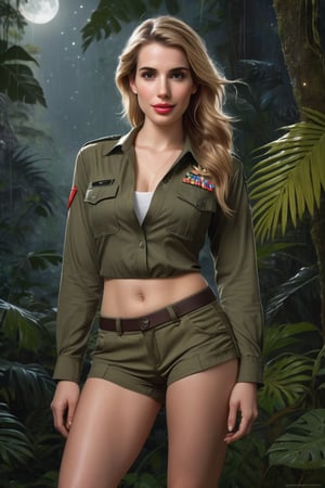 Emma Roberts is portrayed gracefully in a vibrant scene in the Amazonian Rain Forest standing under the starlit night sky. She is dressed in a Long-Sleeved Khaki Green Army Uniform Shirt which is fully unbuttoned, Khaki Green Cargo Shorts, showcasing her luscious, sweat-laden 36A bosom. and her long, athletic legs. She exudes confidence and charm, with her long, flowing hair catching the shimmering moonlight as it cascades down her shoulders. Her piercing eyes reflect a calculated intelligence while her lips curve into a subtle yet mischievous smile. Her athletic figure is radiant, displaying a sun-kissed glow that highlights her toned muscles and long, slender legs. Her attire accentuates her large, impressive bosom, adding to her allure and commanding presence in the scene. The digital painting is intricately detailed and elegantly executed, capturing every nuance of her beauty with a focus on realism. This artwork, inspired by the talents of renowned artists such as wlop, charlie bowater, and alexandra fomina,promises to be a masterpiece on ArtStation, combining sophistication and artistry in a visually captivating illustration.