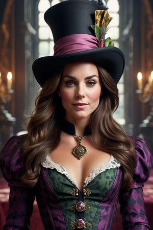 Beautiful and Alluring Kate Middleton, as Mad Hatter, ornaments, Athletic Well Toned Body, Elegant Form, Beautiful Face, Ominous Gothic Theme, fantasy theme, Fiverr Dnd Character, Octane Render, Digital Art, Extreme Detail, 4k, Ultra Hd, Polished, Beautiful, Hyperdetailed, Intricate, Elaborate, Meticulour