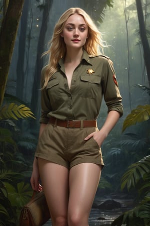 Dakota Fanning is portrayed gracefully in a vibrant scene in the Amazonian Rain Forest standing under the starlit night sky. She is dressed in a Long-Sleeved Khaki Green Army Uniform Shirt which is fully unbuttoned, Khaki Green Cargo Shorts, showcasing her luscious, sweat-laden 36A bosom. and her long, athletic legs. She exudes confidence and charm, with her long, flowing hair catching the shimmering moonlight as it cascades down her shoulders. Her piercing eyes reflect a calculated intelligence while her lips curve into a subtle yet mischievous smile. Her athletic figure is radiant, displaying a sun-kissed glow that highlights her toned muscles and long, slender legs. Her attire accentuates her large, impressive bosom, adding to her allure and commanding presence in the scene. The digital painting is intricately detailed and elegantly executed, capturing every nuance of her beauty with a focus on realism. This artwork, inspired by the talents of renowned artists such as wlop, charlie bowater, and alexandra fomina,promises to be a masterpiece on ArtStation, combining sophistication and artistry in a visually captivating illustration.