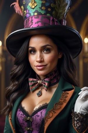 Beautiful and Alluring Meghan Markle, as Mad Hatter, ornaments, Athletic Well Toned Body, Elegant Form, Beautiful Face, Ominous Gothic Theme, fantasy theme, Fiverr Dnd Character, Octane Render, Digital Art, Extreme Detail, 4k, Ultra Hd, Polished, Beautiful, Hyperdetailed, Intricate, Elaborate, Meticulour