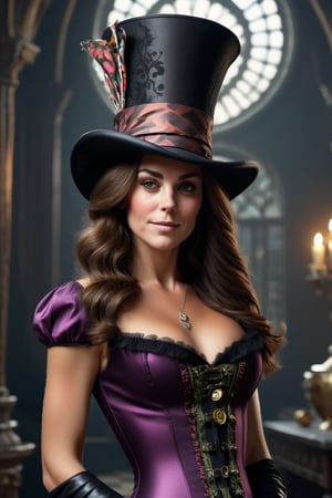 Beautiful and Alluring Kate Middleton, as Mad Hatter, ornaments, Athletic Well Toned Body, Elegant Form, Beautiful Face, Ominous Gothic Theme, fantasy theme, Fiverr Dnd Character, Octane Render, Digital Art, Extreme Detail, 4k, Ultra Hd, Polished, Beautiful, Hyperdetailed, Intricate, Elaborate, Meticulour