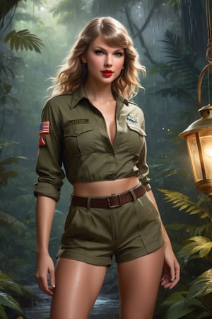 Taylor Swift is portrayed gracefully in a vibrant scene in the Amazonian Rain Forest standing under the starlit night sky. She is dressed in a Long-Sleeved Khaki Green Army Uniform Shirt which is fully unbuttoned, Khaki Green Cargo Shorts, showcasing her luscious, sweat-laden 36B bosom. and her long, athletic legs. She exudes confidence and charm, with her long, flowing hair catching the shimmering moonlight as it cascades down her shoulders. Her piercing eyes reflect a calculated intelligence while her lips curve into a subtle yet mischievous smile. Her athletic figure is radiant, displaying a sun-kissed glow that highlights her toned muscles and long, slender legs. Her attire accentuates her large, impressive bosom, adding to her allure and commanding presence in the scene. The digital painting is intricately detailed and elegantly executed, capturing every nuance of her beauty with a focus on realism. This artwork, inspired by the talents of renowned artists such as wlop, charlie bowater, and alexandra fomina,promises to be a masterpiece on ArtStation, combining sophistication and artistry in a visually captivating illustration.