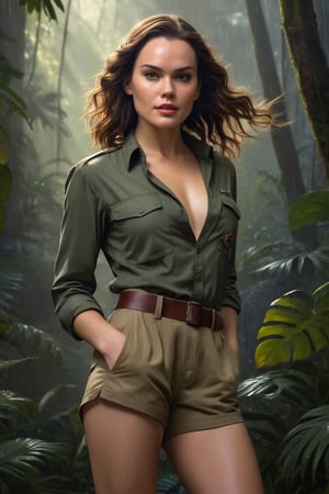 Daisy Ridley is portrayed gracefully in a vibrant scene in the Amazonian Rain Forest standing under the starlit night sky. She is dressed in a Long-Sleeved Khaki Green Army Uniform Shirt which is fully unbuttoned, Khaki Green Cargo Shorts, showcasing her luscious, sweat-laden 36A bosom. and her long, athletic legs. She exudes confidence and charm, with her long, flowing hair catching the shimmering moonlight as it cascades down her shoulders. Her piercing eyes reflect a calculated intelligence while her lips curve into a subtle yet mischievous smile. Her athletic figure is radiant, displaying a sun-kissed glow that highlights her toned muscles and long, slender legs. Her attire accentuates her large, impressive bosom, adding to her allure and commanding presence in the scene. The digital painting is intricately detailed and elegantly executed, capturing every nuance of her beauty with a focus on realism. This artwork, inspired by the talents of renowned artists such as wlop, charlie bowater, and alexandra fomina,promises to be a masterpiece on ArtStation, combining sophistication and artistry in a visually captivating illustration.