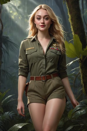 Dakota Fanning is portrayed gracefully in a vibrant scene in the Amazonian Rain Forest standing under the starlit night sky. She is dressed in a Long-Sleeved Khaki Green Army Uniform Shirt which is fully unbuttoned, Khaki Green Cargo Shorts, showcasing her luscious, sweat-laden 36A bosom. and her long, athletic legs. She exudes confidence and charm, with her long, flowing hair catching the shimmering moonlight as it cascades down her shoulders. Her piercing eyes reflect a calculated intelligence while her lips curve into a subtle yet mischievous smile. Her athletic figure is radiant, displaying a sun-kissed glow that highlights her toned muscles and long, slender legs. Her attire accentuates her large, impressive bosom, adding to her allure and commanding presence in the scene. The digital painting is intricately detailed and elegantly executed, capturing every nuance of her beauty with a focus on realism. This artwork, inspired by the talents of renowned artists such as wlop, charlie bowater, and alexandra fomina,promises to be a masterpiece on ArtStation, combining sophistication and artistry in a visually captivating illustration.