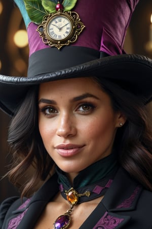 Beautiful and Alluring Meghan Markle, as Mad Hatter, ornaments, Athletic Well Toned Body, Elegant Form, Beautiful Face, Ominous Gothic Theme, fantasy theme, Fiverr Dnd Character, Octane Render, Digital Art, Extreme Detail, 4k, Ultra Hd, Polished, Beautiful, Hyperdetailed, Intricate, Elaborate, Meticulour