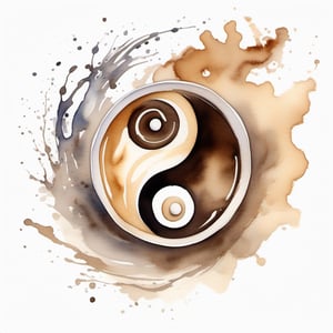 a beautiful watercolor painted with coffee of a perfectly designed ying and yang symbol  , a real porcelain cup of coffee is placed on the paper, watercolor, highly detailed, high resolution, perfect art