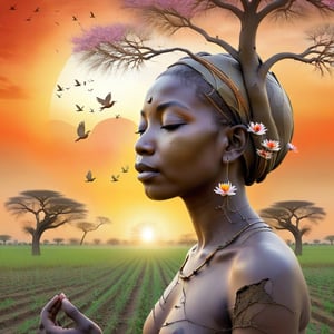 An artistic photo montage depicting an African Buddha meditating in nature. The woman's eyes are seamlessly integrated into a sunset scene above a field with birds flying in the sky. A leafless tree stands in the centre of the landscape. The lower part of the face, the mouth, enters a field of blossoming flowers.