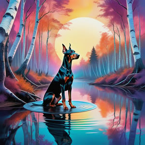 a deep and large perspective, digital painting, waterpaint , sunrise, an elegant Dobermann sits majestically on a  circle-shaped metallic platform floating over the water , in a ((forest of birches trees)) , water, in the style of fluid abstractions, vaporwave, point art style,  delicate chromatics, experimental forms, richly colored skies, punctured canvases, split toning