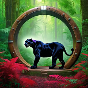 a realiist scene photography, a deep and large perspective, a panther sits in front of a vertical wooden ring in an infinite forest of trees with white shiny trunk and high ferns with red leaves, fog, vibrant colors, realism, photorealistic, use green purple red colors, by F. Scott Hess 