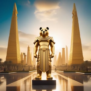 a wide-angle photograph of a majestic proud panda dressed as a golden statue of a Pharaoh standing in front of a large futuristic Egyptian city, the photo gives a cinematic and epic grandiose impression, cinematic composition, epic composition, 35 mm photograph, bokeh, character design 