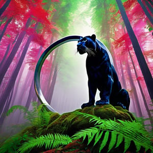 a realiist scene photography, a deep and large perspective, a panther sits in front of a(( vertical wooden ring)) in an infinite forest of trees with white shiny trunk and high ferns with red leaves, fog, vibrant colors, realism, photorealistic, use green purple red colors, by F. Scott Hess 