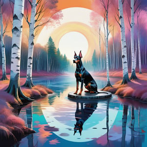 a deep and large perspective, digital painting, waterpaint , sunrise, an elegant Dobermann sits majestically on a  circle-shaped metallic platform floating over the water , in a ((forest of birches trees)) , water, in the style of fluid abstractions, vaporwave, point art style,  delicate chromatics, experimental forms, richly colored skies, punctured canvases, split toning