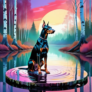 a deep and large perspective, digital painting, waterpaint , sunrise, an elegant Dobermann sits majestically on a  circle-shaped metallic platform floating over the water , in a ((forest of birches trees)) , water, in the style of fluid abstractions, vaporwave, point art style,  delicate chromatics, experimental forms, richly colored skies, punctured canvases, split toning