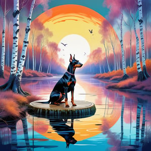 a deep and large perspective, digital painting, waterpaint , sunrise, an elegant Dobermann sits majestically on a  circle-shaped metallic platform floating over the water , in a ((forest of birches trees)) , water, in the style of fluid abstractions, vaporwave, point art style,  delicate chromatics, experimental forms, richly colored skies, punctured canvases, split toning