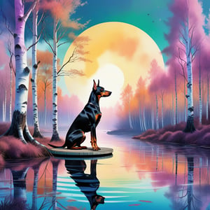 a deep and large perspective, digital painting, waterpaint , sunrise, an elegant Dobermann sits majestically on a  circle-shaped metallic platform floating over the water , in a ((forest of birches trees)) , water, in the style of fluid abstractions, vaporwave, point art style,  delicate chromatics, experimental forms, richly colored skies, punctured canvases, split toning