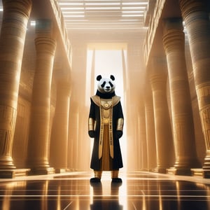 a wide-angle full body photograph of a majestic proud panda dressed as a golden statue of a Pharaoh standing in front of a large futuristic Egyptian city, the photo gives a cinematic and epic grandiose impression, cinematic composition, epic composition, 35 mm photograph, bokeh, character design ,Movie Still