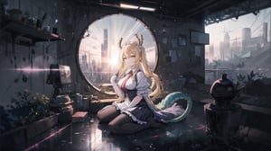 1 girl, 1 girl perched on a futuristic rooftop, gazing at a holographic city skyline, solitude, reflection, cityscape, futurism, contemplation, rooftop lair, wide-angle lens, twilight, 24mm focal distance, cyberpunk landscape, by SilverWhiskers, tohru (maidragon), TohruDM, NTail, white pantyhose, yellow hair, 4k, beautiful, masterpiece,More Detail,portrait,backlight