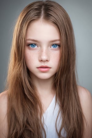 Generate hyper realistic image of a stunning little girl, 9 yo with long, flowing hair and captivating blue eyes. The focus is on her upper body, with parted lips exuding a subtle allure. The artist's name elegantly incorporated into the composition. Against a soft grey background, her orange hair, lips, and a discreet tattoo come to life. Realistic details, including freckles, add authenticity to the portrait, with a discreet watermark completing this artful depiction.