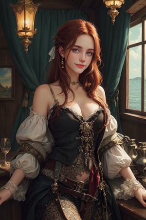 redhead, sexy, 1girl,tavern, boat, sexy, (((masterpiece))),  (((best quality))),  ((ultra-detailed)),  (illustration),((an extremely delicate and beautiful)),(detailed light),(bloom),looking at viewer,light,leonardo,Pirates of the Caribbean,style, pirate