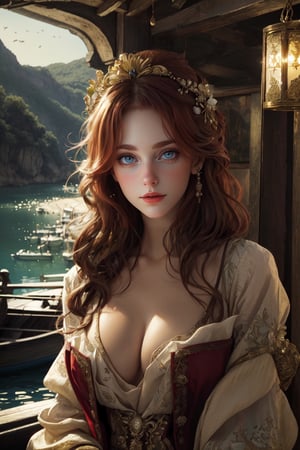redhead, sexy, 1girl,tavern, boat, sexy, (((masterpiece))),  (((best quality))),  ((ultra-detailed)),  (illustration),((an extremely delicate and beautiful)),(detailed light),(bloom),looking at viewer,light,leonardo,Pirates of the Caribbean,style, pirate