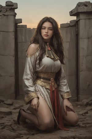 (masterpiece, top quality, best quality, official art, beautiful and aesthetic:1.2), hdr, high contrast, wideshot, 1girl,juicy lips, large breast, light smile, finger detailed, (ancient female warrior clothes:1.3), background detailed, ambient lighting, extreme detailed, cinematic shot, realistic ilustration, (soothing tones:1.3), (hyperdetailed:1.2), emprisoned, jailed, tied, jail, kneel,kneeling, eyes open, 