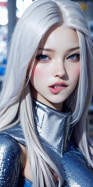 Best picture quality, high resolution, 8k, realistic, sharp focus, realistic image of elegant lady, beauty, supermodel, pure white hair, blue eyes, custom design, 1 girl,mecha, on escalator, looking behind, picture from below, picture from behind 