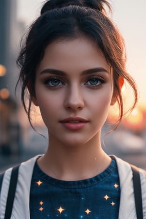 (hyperealistic detailed face:1.2), (looking at viewer:1.2),
centered, upper body, award winning frontal photography,
masterpiece, | dark skin tone, dark skin, (beautiful detailed
eyes:1.2), messy girly bun hairstyle, (black hair color), (light
brown eyes), (red top), midriff peak, navel, lowleg jeans,
sunset, bokeh, depth of field, । urban, street, City,। starry
sky, vaporwave color scheme, (saturated colors:1.2),
,3DMM