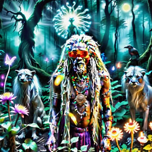 elderly african witchdoctor man with long white dreadlocks casts spells with strange fluorescent flowers, in a dark forest, while curious animals watch from the trees. Witchdoctor dresses in broken computer parts & bones, glow of flowers only light in forest, more detail XL,Asian