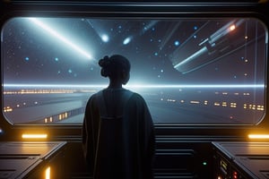 Darth Vader stares out of battleship window at the stars, galaxies, and nebula speeding past, his young black daughter stares out the window with him reaching to hold his hand, Empire ship, Star Wars, space in the background, dark ship,full body view, wide angle shot, back to the camera,<lora:659111690174031528:1.0>