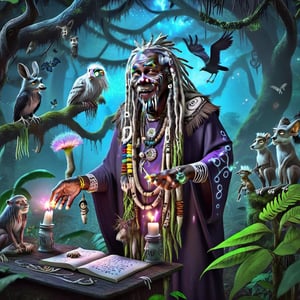 photorealistic, elderly african witchdoctor with white dreadlocks, casts spells with strange fluorescent flowers, in a dark forest while curious animals watch from the trees. Witchdoctor dresses in broken computer parts & bones over spells written on his skin.,aw0k magnstyle