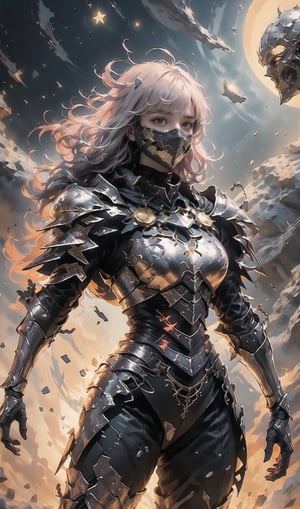 armored girl, golden cap and cape, background dark space with star and laura, pink silver short hair, blue glowing beautiful eyes, cowboy_shot, white red and blue armor, blue glowing lined simple armor plate, dark environment, high detailed face, Advance mask, intense war,nodf_lora