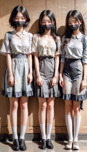 Best Quality, Ultra-detailed, finely detail, hight resolution, 8K Wallpaper, Perfect dynamic composition, Natural Color Lip, 3 girl,(Taiwanese female high school students:1.4),(blush:1.4),(full body:1.4),multiple girls,glasses,(different heights:1.4),(school dress up:1.3)