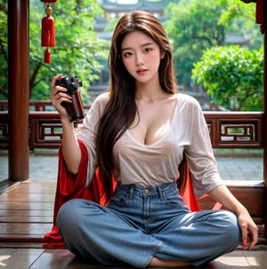 A beautiful girl with long  brown hair and brown eyes, wearing casual jeans and a white T-shirt, medium breasts, cleavage,glasses,holding a camera, wandered around the Chinese palace, capturing the beauty and sacredness of ancient buildings.