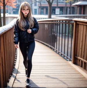 A sweet and cute Japanese girl with long blond hair, wearing Dark BLACK yoga pants,Flat bangs and long hair,(with glasses:1.2),running state, snow-white skin,sunlight,(full-body:1.2),River walk background