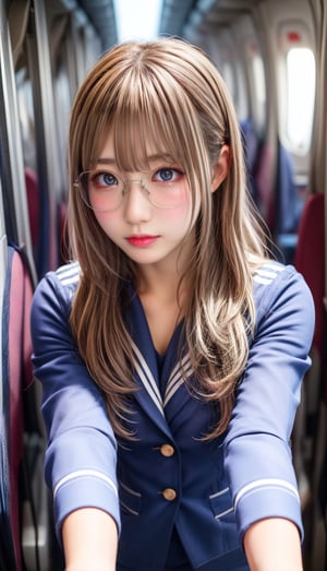 A Taiwanese female flight attendant, slightly fat, plump, glasses, comforting, apologizing, she bent down and looked into your eyes from a first-person perspective, at work, super realistic, HDR