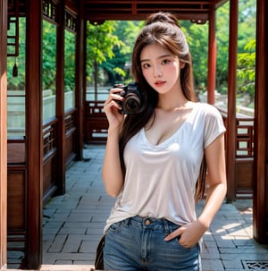 A beautiful girl with long  brown hair and brown eyes, wearing casual jeans and a white T-shirt, medium breasts, cleavage,glasses,holding a camera, wandered around the Chinese palace, capturing the beauty and sacredness of ancient buildings.