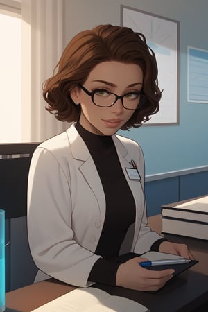 rating_safe, source_cartoon, 
score_9, score_8_up, score_7_up, score_6_up, score_5_up, score_4_up, 
best quality, Dr. Thomas, A middle-aged woman with short, curly brown hair looks up from her desk, peering over her reading glasses
1girl, emerald_eyes, brown_hair, lab_coat, parted_lips, pen, sleeves_rolled_up, solo, cute cardigan, shirt, open_collar, bright laboratory background,
cel shading art, hand-drawn graphic novel, beautiful color palette, perfect composition, cinematic, Concept art, good_hands, Expressiveh, perfect hands.