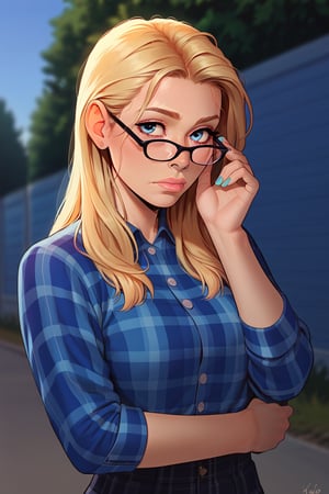 score_9, score_8_up, score_7_up, score_6_up, 1girl, rating:safe, 1girl, plaid_shirt, solo, blonde_hair, nail_polish, long_hair, blue_eyes, lips, plaid, blurry, depth_of_field, blurry_foreground, glasses, nose, adjusting_eyewear, shirt, casual, tired, exhausted, more detail XL, Expressiveh