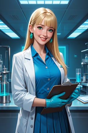 score_9, score_8_up, score_7_up, score_6_up, solo, laboratory assistant, intern, 1girl, green_eyes, clipboard, cropped_legs, holding, holding_clipboard, hugging_clipboard, ((lab_coat)), white_lab_coat, light_blush, lips, smile dimples, college student, 18 years old, young, hime_cut, long_hair, blunt_bangs, blonde_hair, parted_lips, parted_bangs, latex_gloves, sleeves_rolled_up, goofy, gullible, shy, demure, awkward_smile, blushing, cute, looking_at_viewer, light blue shirt, collarbone, earrings, collared_shirt, pleated_skirt, leggings, bright laboratory background, 
cel shading art, hand-drawn graphic novel, beautiful color palette, perfect composition, cinematic, Concept art, good_hands, Expressiveh, perfect hands. comic book illustration, Dc comics style