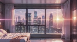 City, metropolis, with skyscrapers, against the backdrop of a pink sunset, pink and peach sky, the glare of the sun on the buildings, sun rays between buildings, without people, Futuristic future, adstech, from inside a bedroom.