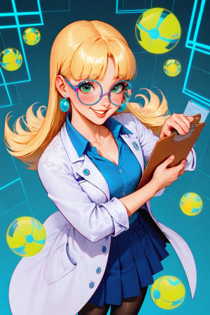 safe_pos, score_9, score_8_up, score_7_up, score_6_up, Expressiveh, very aesthetic, absurdres, highres, solo, laboratory assistant, intern, 1girl, green_eyes, round glasses, clipboard, cropped_legs, holding, holding_clipboard, hugging_clipboard, ((lab_coat)), white_lab_coat, light_blush, lips, smile dimples, college student, 18 years old, young, hime_cut, long_hair, blunt_bangs, blonde_hair, parted_lips, parted_bangs, sleeves_rolled_up, goofy, gullible, shy, demure, awkward_smile, blushing, cute, looking_at_viewer, light blue shirt, collarbone, earrings, collared_shirt, pleated_skirt, leggings, bright laboratory background, cel shading art, hand-drawn graphic novel, beautiful color palette, perfect composition, cinematic, Concept art, good_hands, perfect hands. Pacifica, Blond hair, comic book illustration, Dc comics style