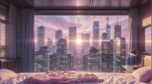 City, metropolis, with skyscrapers, against the backdrop of a pink sunset, pink and peach sky, the glare of the sun on the buildings, sun rays between buildings, without people, Futuristic future, adstech, from inside a bedroom.